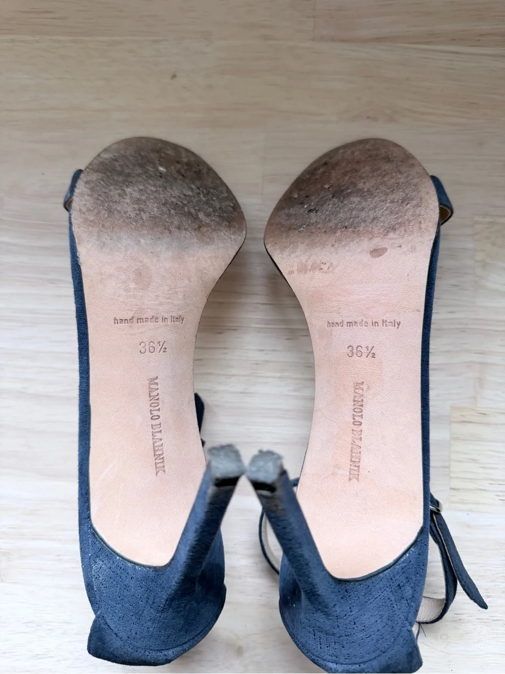 Manolo Blahnik Metallic Navy Ankle Strap Sandals Heels 36.5 | Minimalist Luxury - Picture 9 of 14